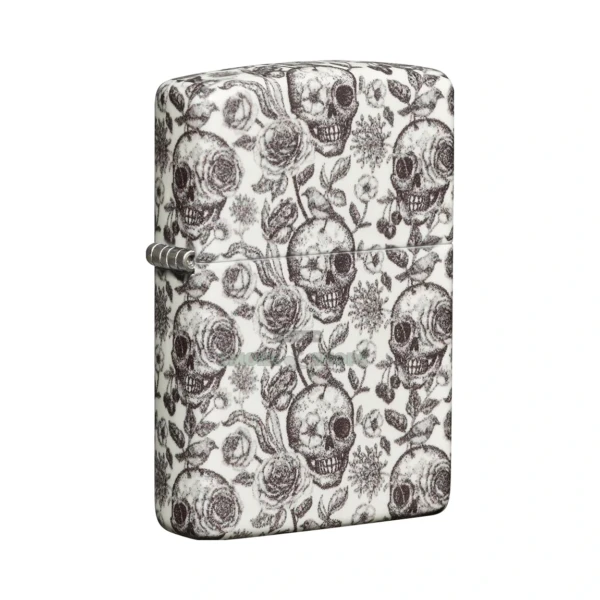 Zippo Skeleton Design 540 Color glow-in-the-dark windproof lighter 49458 with full-wrap skull and rose artwork, front view at El Paso Smoke Shops