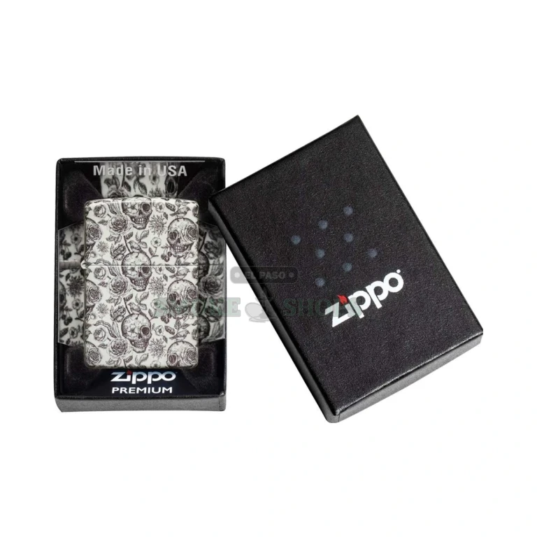 Zippo Skeleton Design 540 Color glow-in-the-dark windproof lighter 49458 with full-wrap skull and rose artwork, front view at El Paso Smoke Shops