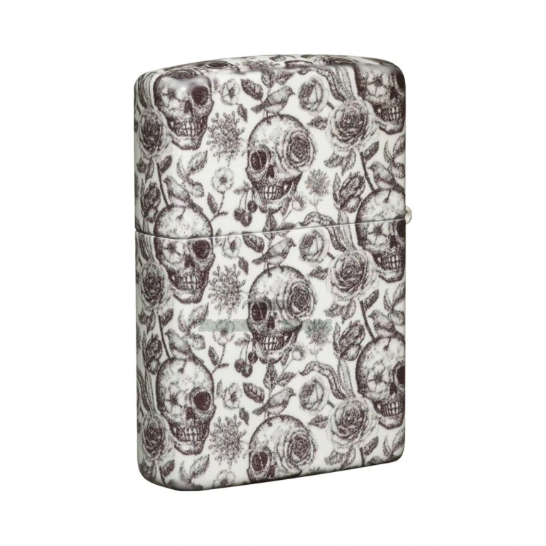 Zippo Skeleton Design 540 Color glow-in-the-dark windproof lighter 49458 with full-wrap skull and rose artwork, front view at El Paso Smoke Shops