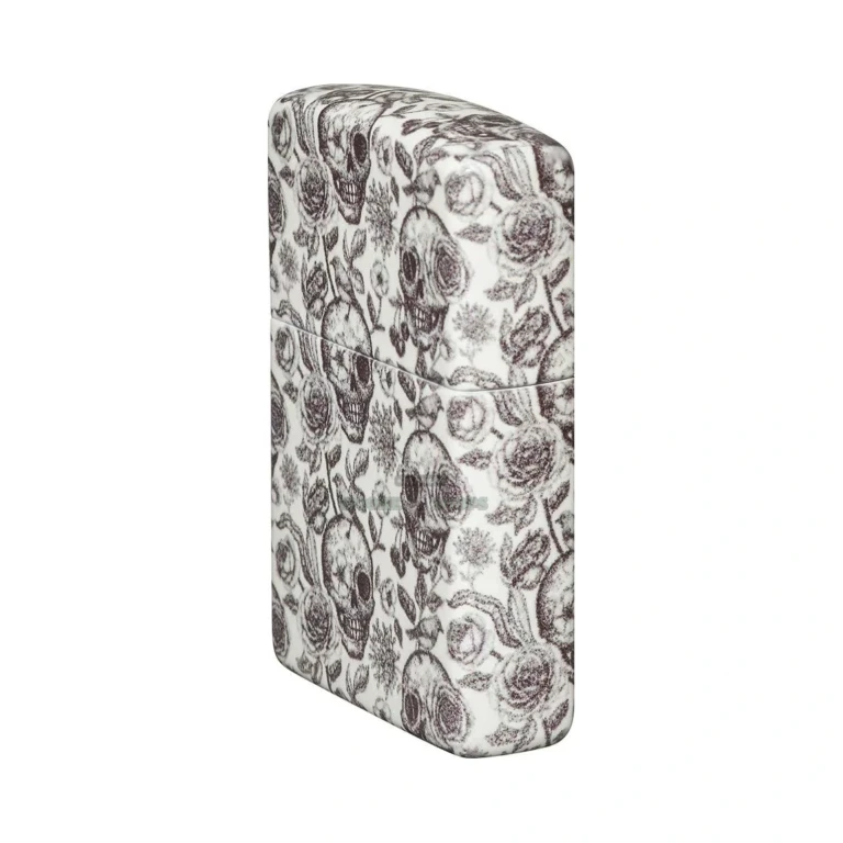 Zippo Skeleton Design 540 Color glow-in-the-dark windproof lighter 49458 with full-wrap skull and rose artwork, front view at El Paso Smoke Shops