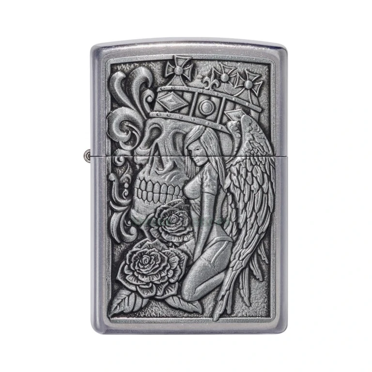 Zippo 49442 Skull and Angel lighter shown open with the lid up, revealing the windproof chimney and wick