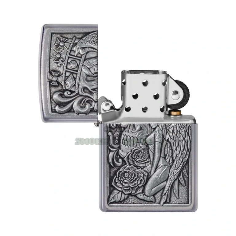 Back of the Zippo Skull and Angel Street Chrome lighter 49442 showing the distressed, pocket-worn finish