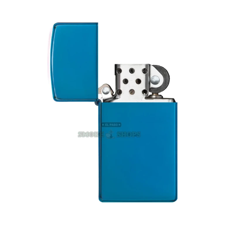 Side profile of the slim 0.38-inch Zippo case in high polish blue