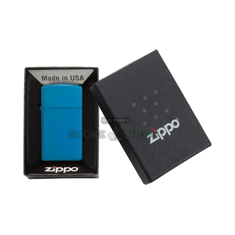 Zippo Slim High Polish Blue windproof lighter model 20494 with a mirror sapphire-blue finish, lid closed