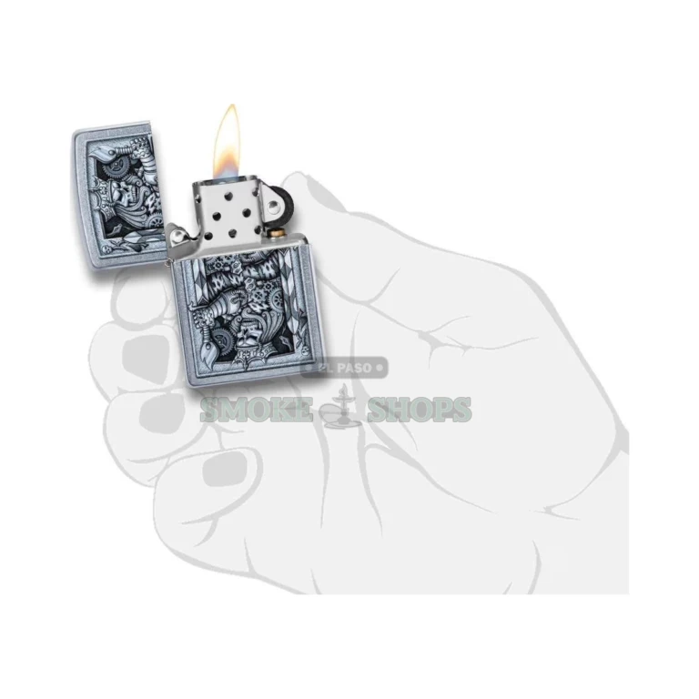 Zippo 29877 Steampunk King of Spades windproof lighter held in hand to show the pocket-friendly Classic size