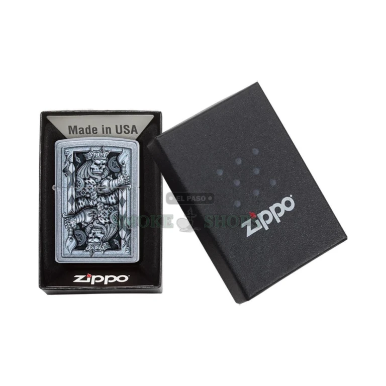 Zippo Steampunk King of Spades windproof lighter 29877 in Street Chrome finish, front view of the king with flaming sword artwork