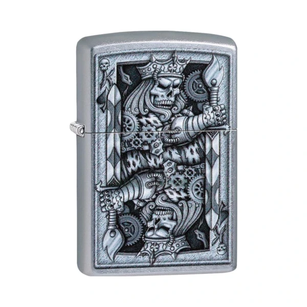 Zippo Steampunk King of Spades windproof lighter 29877 in Street Chrome finish, front view of the king with flaming sword artwork