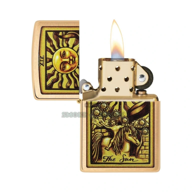 Close-up of the full-color The Sun (Tarot Card XIX) image printed on the brushed brass Zippo case