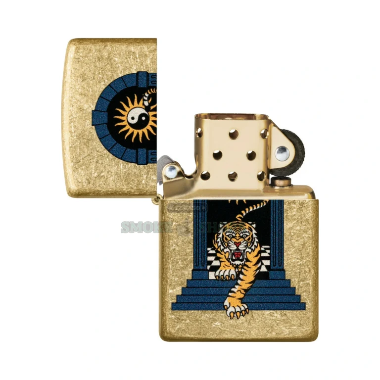 Zippo Tattoo Tiger lighter open with the lid up showing the windproof chimney and wick