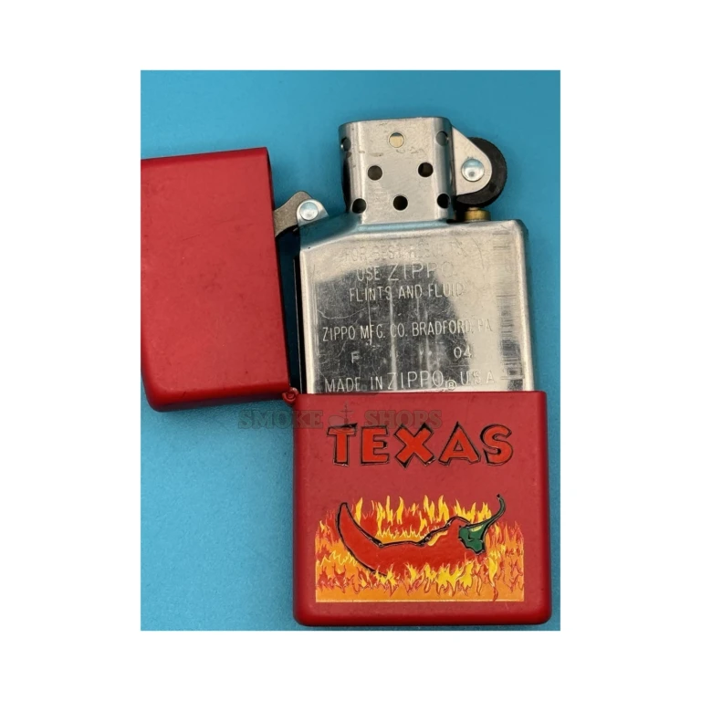 Side profile of the all-brass Regular Zippo Texas Red Pepper windproof lighter, a refillable flame lighter in El Paso