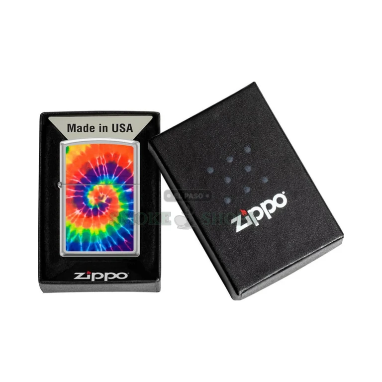 Zippo 48982 tie-dye lighter shown open with the windproof chimney and flame