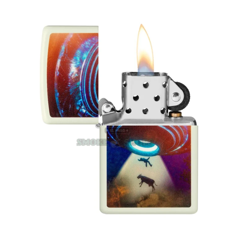 Zippo 49838 UFO lighter with the lid open showing the windproof chimney and flint wheel