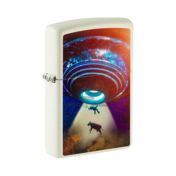Zippo UFO Design glow-in-the-dark windproof lighter, model 49838, brass Classic case printed with a flying saucer Color Image, at El Paso Smoke Shops