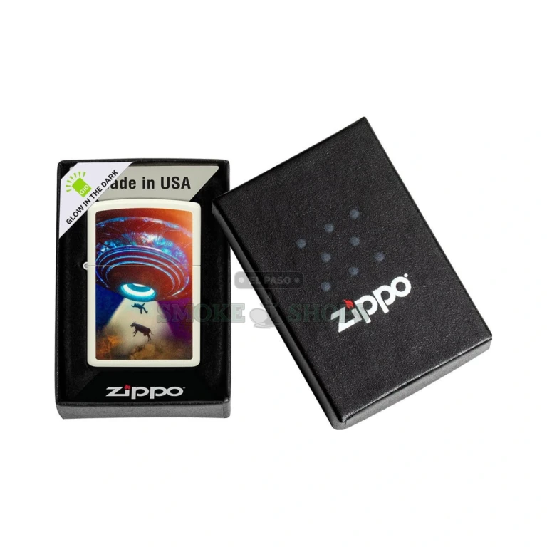 Zippo UFO glow-in-the-dark lighter in its Zippo gift box on an El Paso Smoke Shops counter