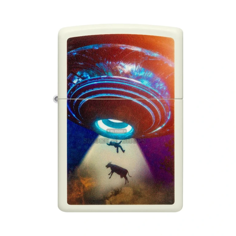 Zippo UFO Design glow-in-the-dark windproof lighter, model 49838, brass Classic case printed with a flying saucer Color Image, at El Paso Smoke Shops