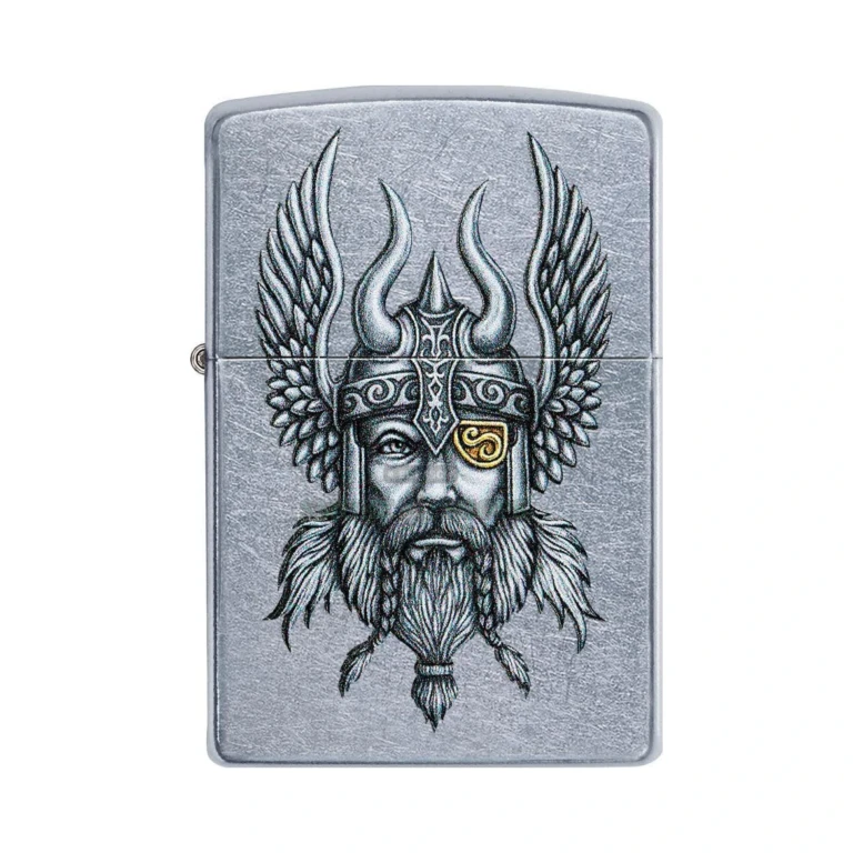 Zippo Viking Warrior Street Chrome windproof lighter model 29871 with hand-drawn Nordic Viking art on a polished silver case