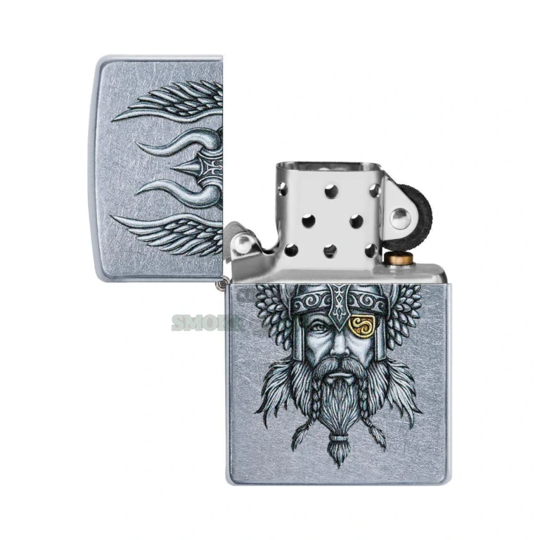 Zippo Viking Warrior Street Chrome windproof lighter model 29871 with hand-drawn Nordic Viking art on a polished silver case