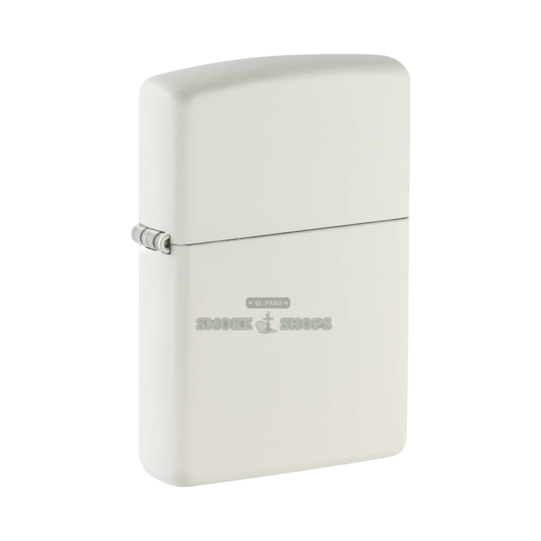 Zippo White Matte lighter open with the lid up, showing the windproof chimney and wick