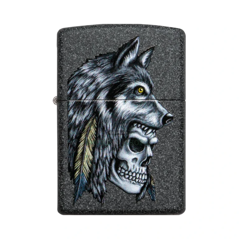 Zippo 29863 Wolf Skull Feather lighter in its Zippo gift box