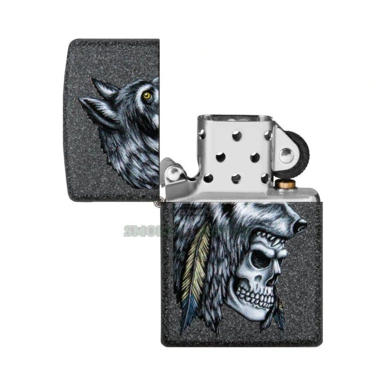 Zippo Wolf Skull Feather Design Iron Stone windproof lighter 29863 closed, showing a skull in a wolf headdress