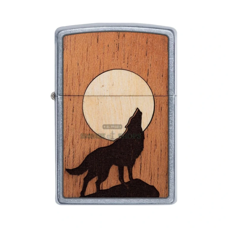 Zippo Woodchuck Howling Wolf lighter open with the windproof insert and chimney visible