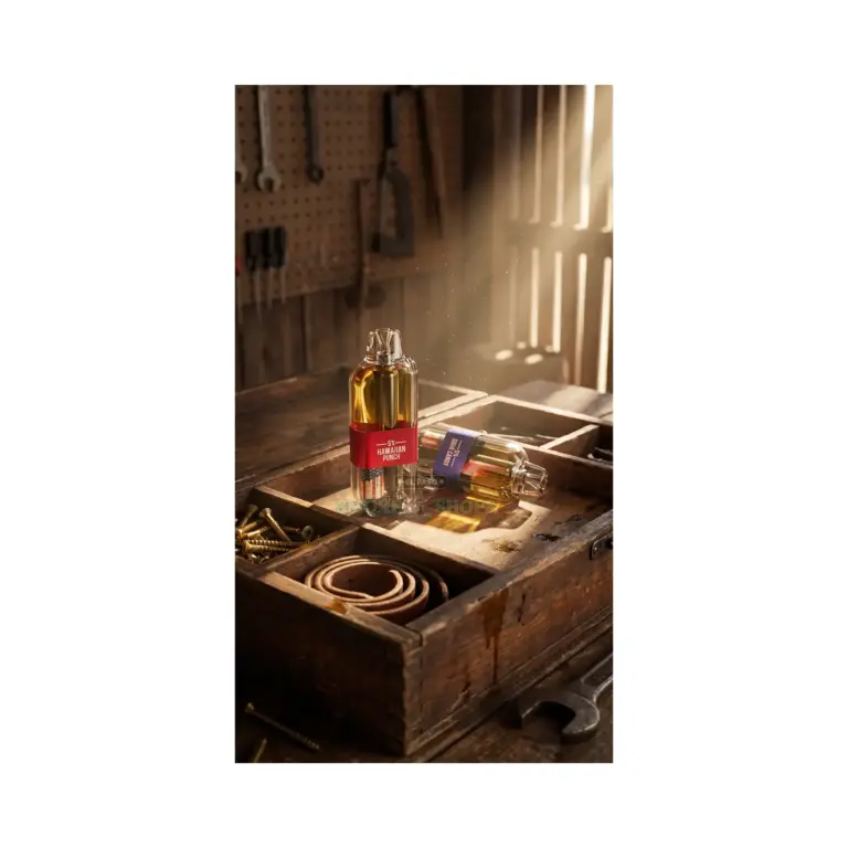 American Standard 50K Disposable Vape Pod Hawaiian Punch, red-band pod on a workshop tool tray at El Paso Smoke Shops