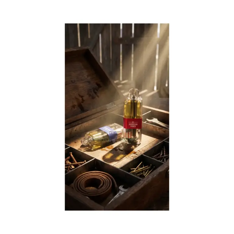 American Standard 50K Disposable Vape Pod Hawaiian Punch, red-band pod in an open wooden toolbox at El Paso Smoke Shops