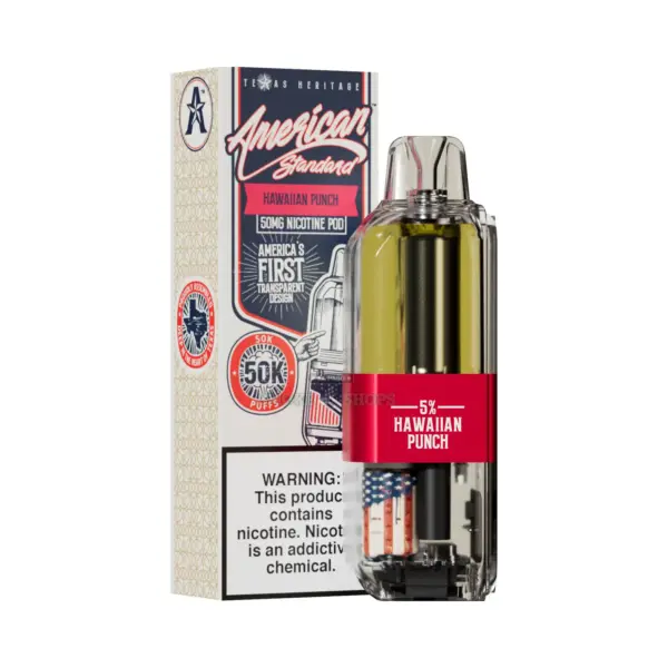 American Standard 50K Disposable Vape Pod Hawaiian Punch, clear pod and box on a white background at El Paso Smoke Shops