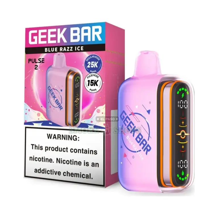 Geek Bar Pulse 2 25000 Disposable Vape Blue Razz Ice, pink and lavender device beside pink box at El Paso Smoke Shops