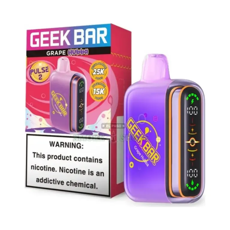 Geek Bar Pulse 2 25000 Disposable Vape Grape Hubba, purple device with yellow logo and red box at El Paso Smoke Shops