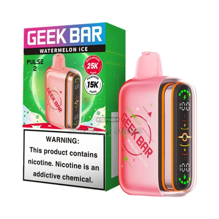 Geek Bar Pulse 2 25000 Disposable Vape Watermelon Ice, coral pink device beside its green box at El Paso Smoke Shops