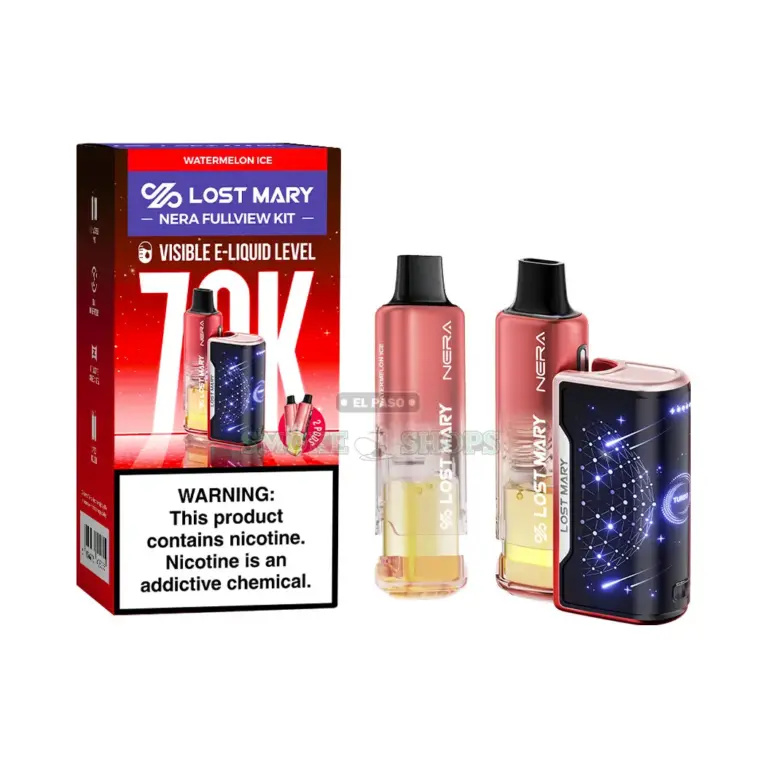 Lost Mary Nera 70K Kit Watermelon Ice, red box beside two pods and a starry screen battery at El Paso Smoke Shops