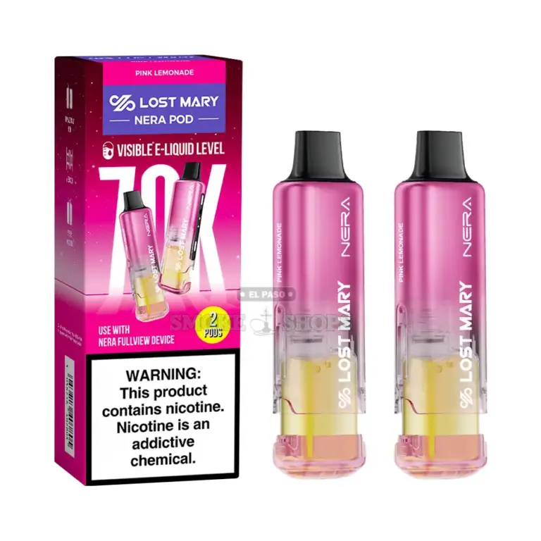 Lost Mary Nera 70K Pods Pink Lemonade, magenta 2-pack box and two pink pods with black mouthpieces at El Paso Smoke Shops