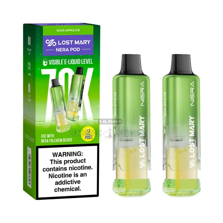 Lost Mary Nera 70K Pods Sour Apple Ice, green 2-pack box marked 70K beside two green pods at El Paso Smoke Shops