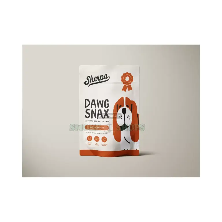 Sherpa CBD Pet Treats Bacon Buffet, orange Dawg Snax bag of 30 treats on a warm gray backdrop at El Paso Smoke Shops