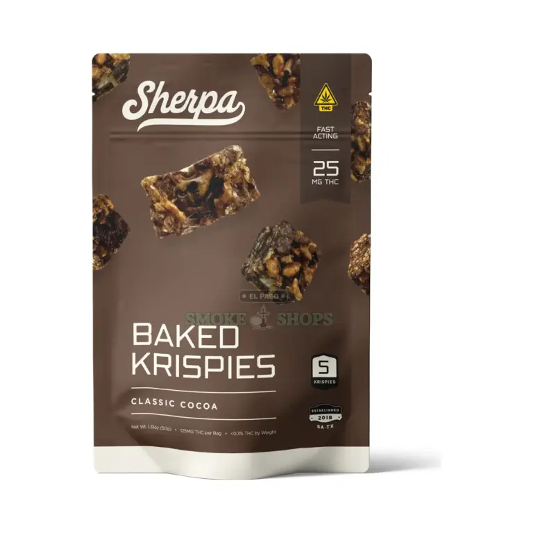 Sherpa Delta-9 THC Krispies Classic Cocoa, brown pouch of 5 Krispies at 25mg each, 125mg per bag, at El Paso Smoke Shops
