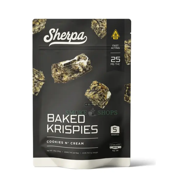 Sherpa Delta-9 THC Krispies Cookies & Cream, black pouch of 5 Krispies at 25mg each, 125mg per bag, at El Paso Smoke Shops