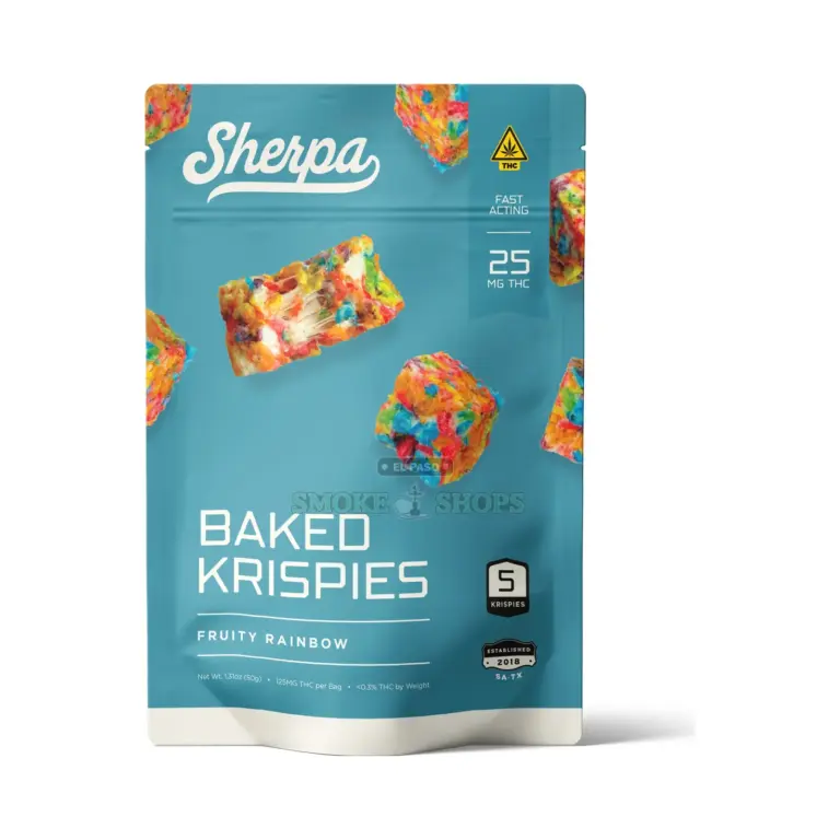 Sherpa Delta-9 THC Krispies Fruity Rainbow, teal pouch of 5 Krispies at 25mg each, 125mg per bag, at El Paso Smoke Shops