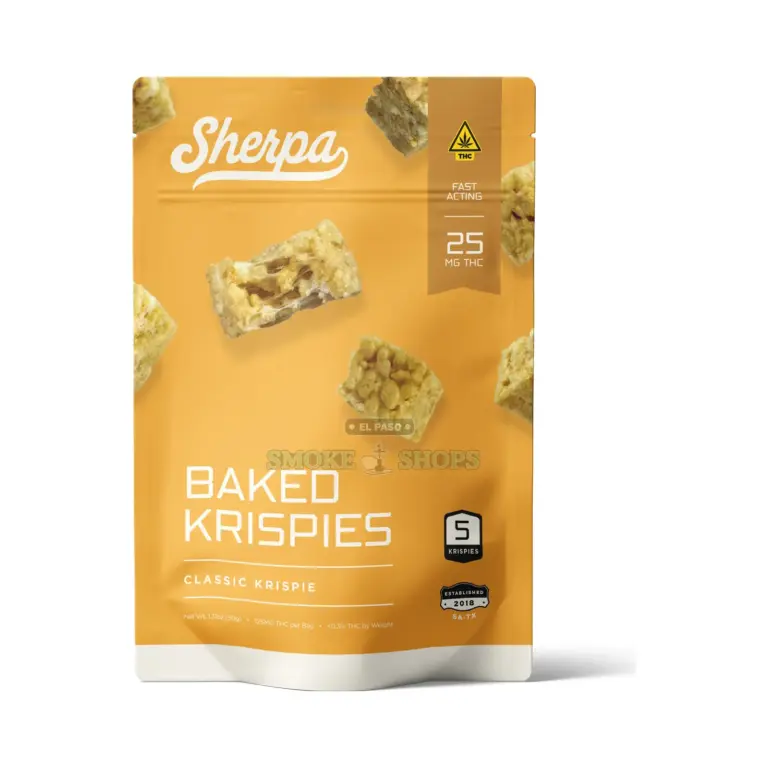Sherpa Delta-9 THC Krispies Original, orange pouch of 5 Krispies at 25mg each, 125mg per bag, at El Paso Smoke Shops