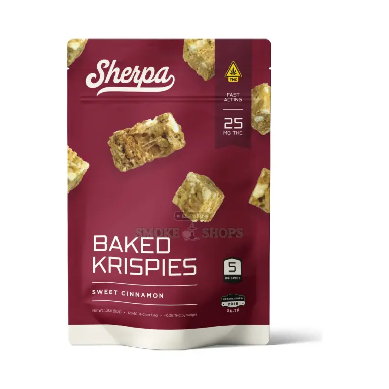 Sherpa Delta-9 THC Krispies Sweet Cinnamon, maroon pouch of 5 Krispies at 25mg each, 125mg per bag, at El Paso Smoke Shops