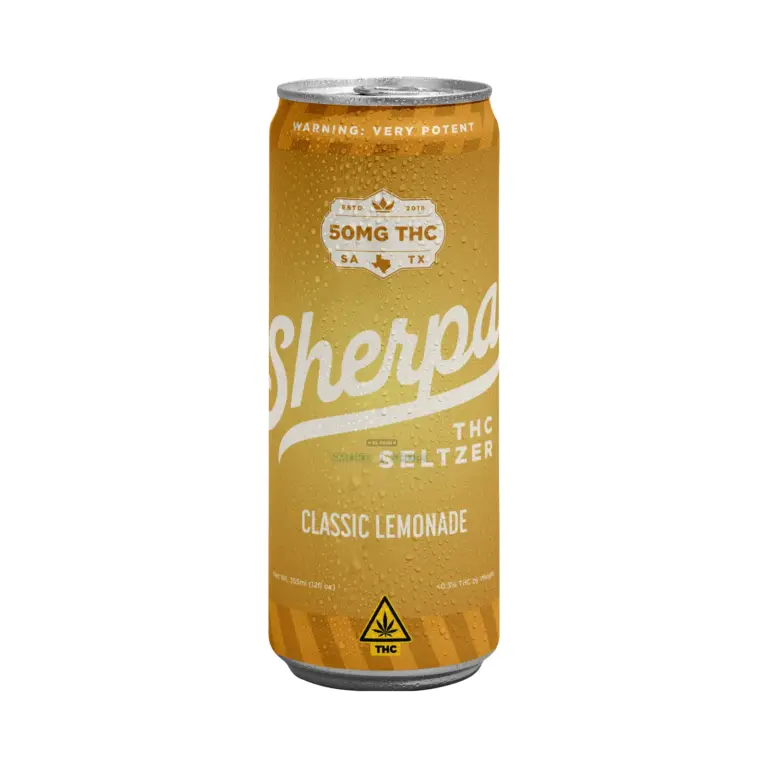 Sherpa THC Seltzer Classic Lemonade, single 50mg 12 oz golden yellow can covered in water droplets at El Paso Smoke Shops